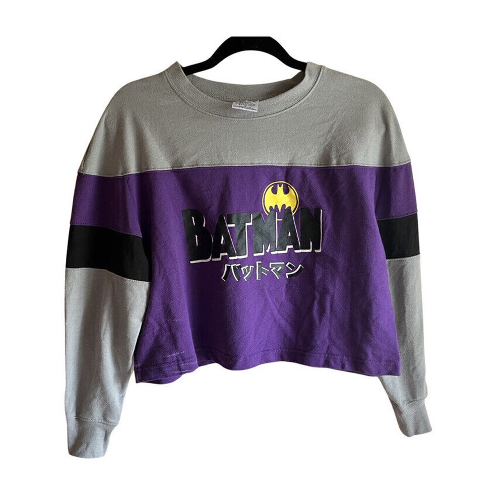 DC Batman Japanese Kanji Purple & Gray Colorblock Crew Neck Cropped Sweater M